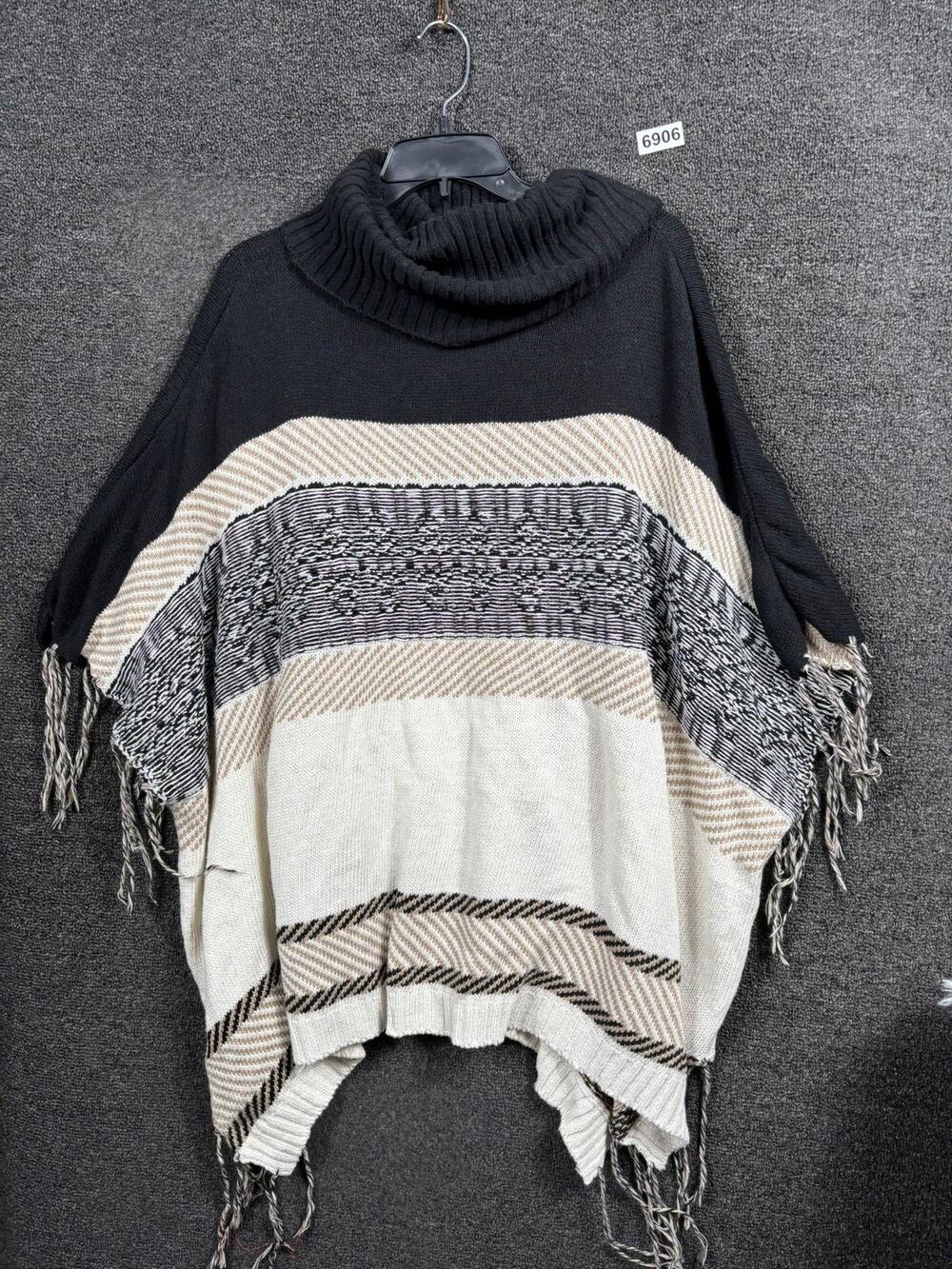 Northern Angel Sweater Poncho Womens S/M Black Beige Stripe Fringe Cowl Neck